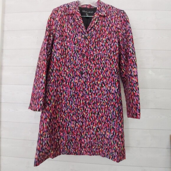 Silkland Long Coat Size 10 Lightweight Trench Lined Silk Midi Colorful Fun - Picture 1 of 7